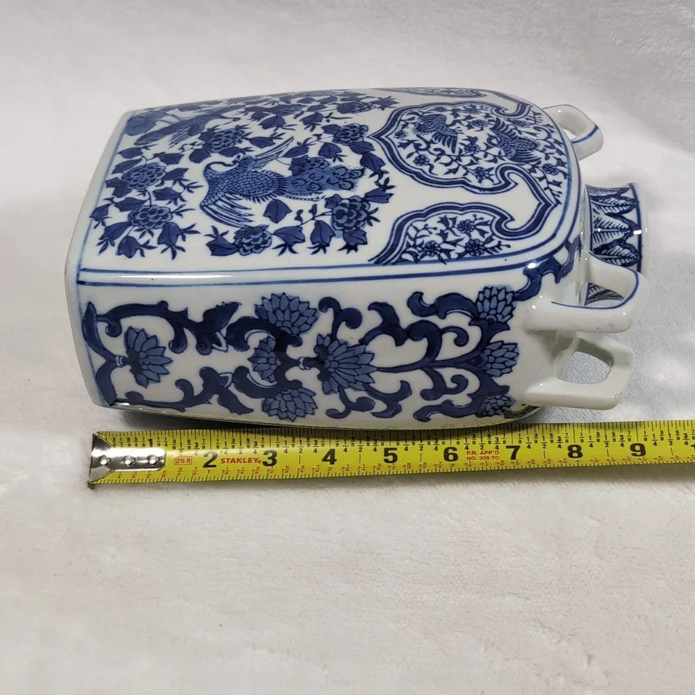 Vtg Chinese Moon Flask Vase Blue White 4 Handle Phoenix Peony Floral Chinoiserie